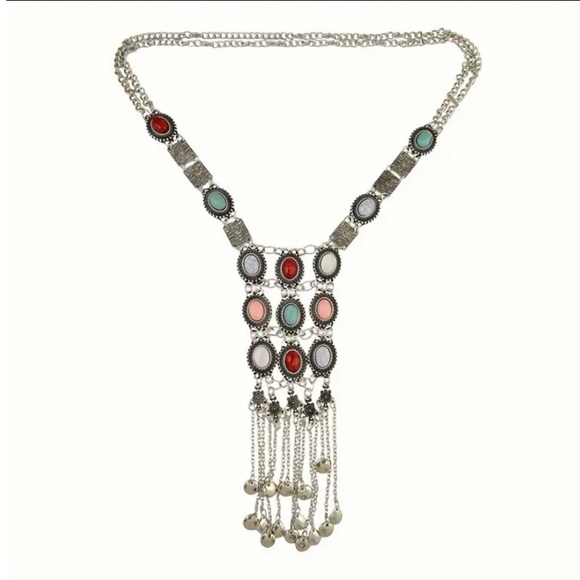 Silver Stone Chain Necklace Boho Tribal Hippie - Picture 4 of 5